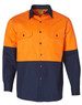 A long-sleeve work shirt in orange and navy blue, featuring a logo and two chest pockets.
