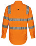 An orange safety shirt with reflective strips across the back. Features long sleeves and a collar. Includes a logo.