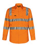 An orange long-sleeve work shirt featuring reflective silver stripes and a pocket, with a logo present.