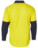 A two-tone long-sleeve work shirt featuring a bright yellow body with navy blue sleeves and a logo.