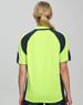 A women's high-visibility polo shirt in bright lime green with contrasting dark sleeves and collar, featuring a logo.