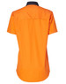 A short-sleeved safety shirt in bright orange with a navy collar, featuring a logo on the back.