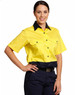 A women's short-sleeved safety shirt in bright yellow and navy blue, featuring a collar and small pockets.