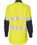 A long-sleeve safety shirt in hi-vis yellow with navy sleeves and reflective 3M tape stripes. Features a logo.