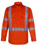 An orange work shirt featuring reflective strips and two front pockets. It has a collar and long sleeves.