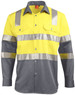 A two-tone safety shirt featuring bright yellow and grey colours with reflective tape and a collar. It has two front pockets.