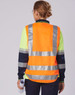 A long-sleeve safety polo in fluorescent yellow and orange with reflective stripes and branding on the back.