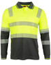 A long-sleeved safety polo in bright yellow with grey sections and reflective stripes. Features a pocket and logo.