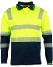 A long-sleeved safety polo in fluorescent yellow with grey reflective stripes and navy blue sleeves. Features a chest pocket and logo.
