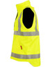 A reversible safety vest in bright yellow with reflective silver stripes and a side pocket. It features a zippered front and no sleeves.