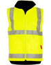 A high-visibility yellow reversible safety vest featuring reflective strips and a zip closure, with a logo on it.