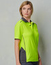 A high-visibility lime green polo shirt with grey accents and a collar, featuring a logo on the chest.