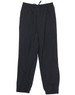 Black track pants with an elastic waistband and drawstring, featuring side pockets and a subtle logo.