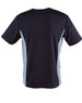 A navy blue t-shirt with light blue contrast panels on the sides. The shirt has a logo on it.