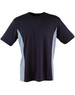 A kids' short-sleeve T-shirt in navy blue with light blue contrast panels, featuring a logo.
