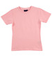A fitted pink stretch t-shirt with a round neck and short sleeves, featuring a tag inside.