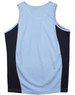 A light blue men's singlet with dark blue mesh contrast panels, featuring a branding logo on the back.
