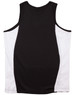A black and white kid's singlet featuring a contrast mesh design and a branding logo.