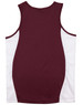 A maroon and white kid's contrast mesh singlet with a sleek design and a logo on the front.
