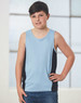 A kid's singlet in light blue with black side panels, featuring a logo. Ideal for casual wear.