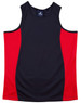 A singlet featuring a navy body with red contrast panels and a logo. Suitable for kids' wear.