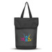 A black cooler bag with a fold-over top, featuring a logo with colourful human figures. A black cooler bag with a fold-over top, featuring a logo with colourful human figures.