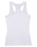 A white ladies' fitted stretch singlet with a racerback design and a logo on the backside.