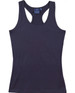 A fitted stretch singlet in navy blue with a racerback design and a small tag inside.