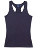 A fitted stretch singlet in navy blue with a racerback design and a small tag inside.