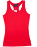 A red ladies' fitted stretch singlet with a racerback design and attached tag.