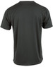 A dark grey short sleeve t-shirt with a smooth finish and a logo on the back.
