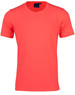 A men's short-sleeve t-shirt in bright coral with a round neckline and a logo on the label.