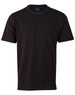 A black cotton semi-fitted tee for kids, featuring short sleeves and a round neckline. It includes a logo on the label.