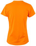 An orange ladies' cotton semi-fitted T-shirt with a crew neck and short sleeves, featuring a logo.