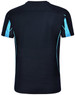 A black short-sleeve T-shirt with light blue accents and a logo on the back.