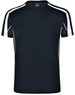 A black short-sleeve t-shirt with white side accents and a logo on the collar.