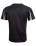 A black kid's short-sleeve t-shirt with grey accents and a logo on the back.