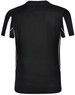 A black short-sleeve T-shirt featuring white accents and a logo. The back view displays mesh paneling.
