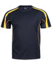 A black T-shirt with yellow accents and mesh panels. The shirt features a logo on the neckline.