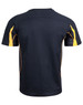 A black and yellow short-sleeved T-shirt with a sporty design and a logo on the back.