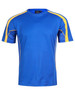 A blue short-sleeved T-shirt with yellow accents and a logo on the upper left.