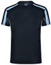 A black short-sleeved T-shirt featuring light blue accents and a mesh design on the shoulders. It has a logo.