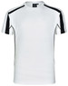 A white short-sleeved T-shirt with black shoulder and side accents, featuring a logo on the neckline.