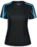A black women's t-shirt with blue accents and a logo. Features short sleeves and a sporty design.
