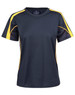 A ladies' black and yellow short-sleeve T-shirt with a logo, featuring a sporty design and contrasting side panels.