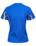 A blue t-shirt with yellow accents, featuring short sleeves and a relaxed fit, back view displayed.