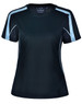 A black and light blue ladies' short-sleeve T-shirt with a logo on the front.