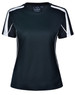 A black ladies' T-shirt featuring white side panels and short sleeves. The shirt has a logo on the label.