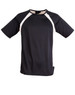 A men's short-sleeve tee shirt in navy with cream side panels. Features a logo on the collar.