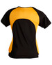 A black and yellow ladies' T-shirt with a mesh design on the back. It features a branding logo.